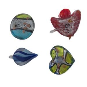 Vintage Lampwork Millefiori Fused Heart Teardrop Glass Pendants Set of 4